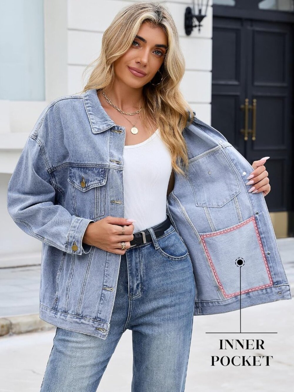 Women's Light Blue Oversized Button Down Pockets Imported Denim Jeans Jacket - Picture 2 of 7